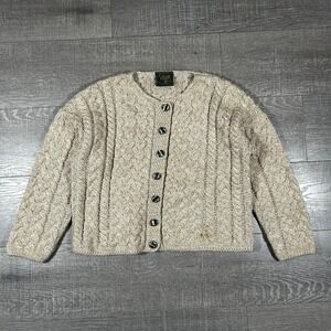 Vintage Carraig Donn Irish Aran Cable Knit Cardigan Merino Wool Ireland READ